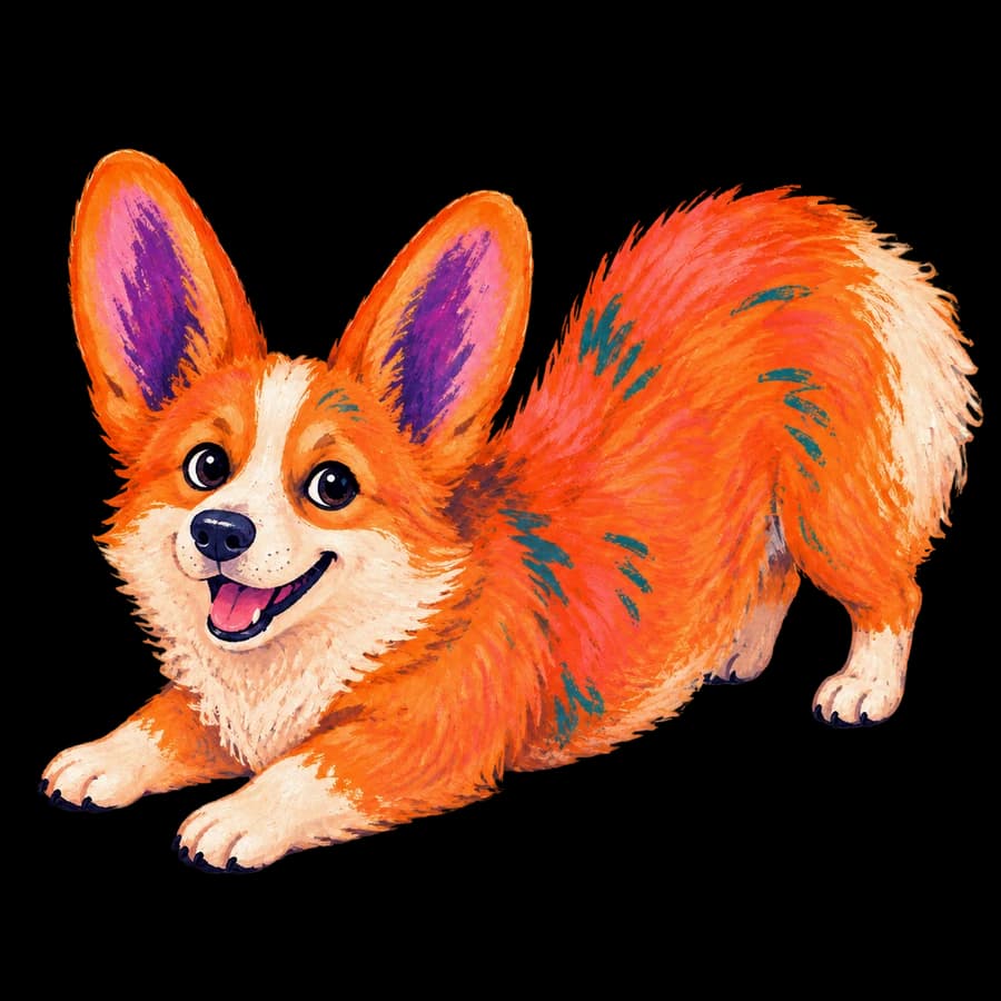 An orange illustrated Corgi bowing playfully